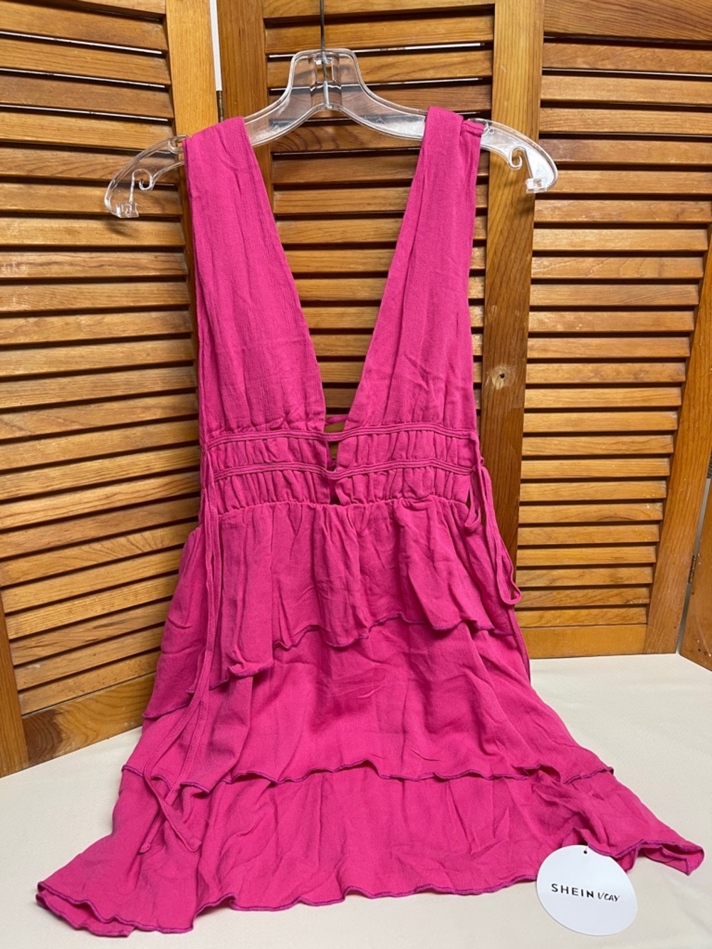 SHEIN Fuchsia Tiered Deep-V Mini Dress